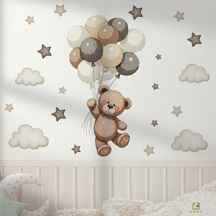 愛らしいテディベアの壁用ステッカー、風船、星、雲付きの取り外 - Baby Nursery Artwork のレビューと価格