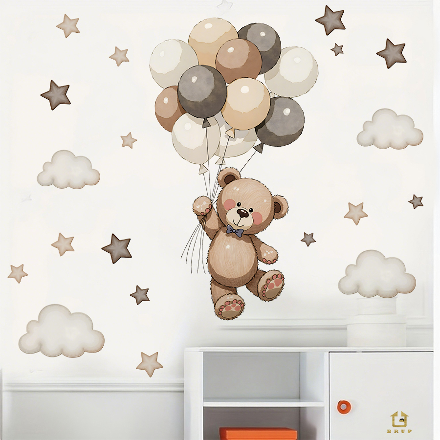 愛らしいテディベアの壁用ステッカー、風船、星、雲付きの取り外 - Baby Nursery Artwork のレビューと価格