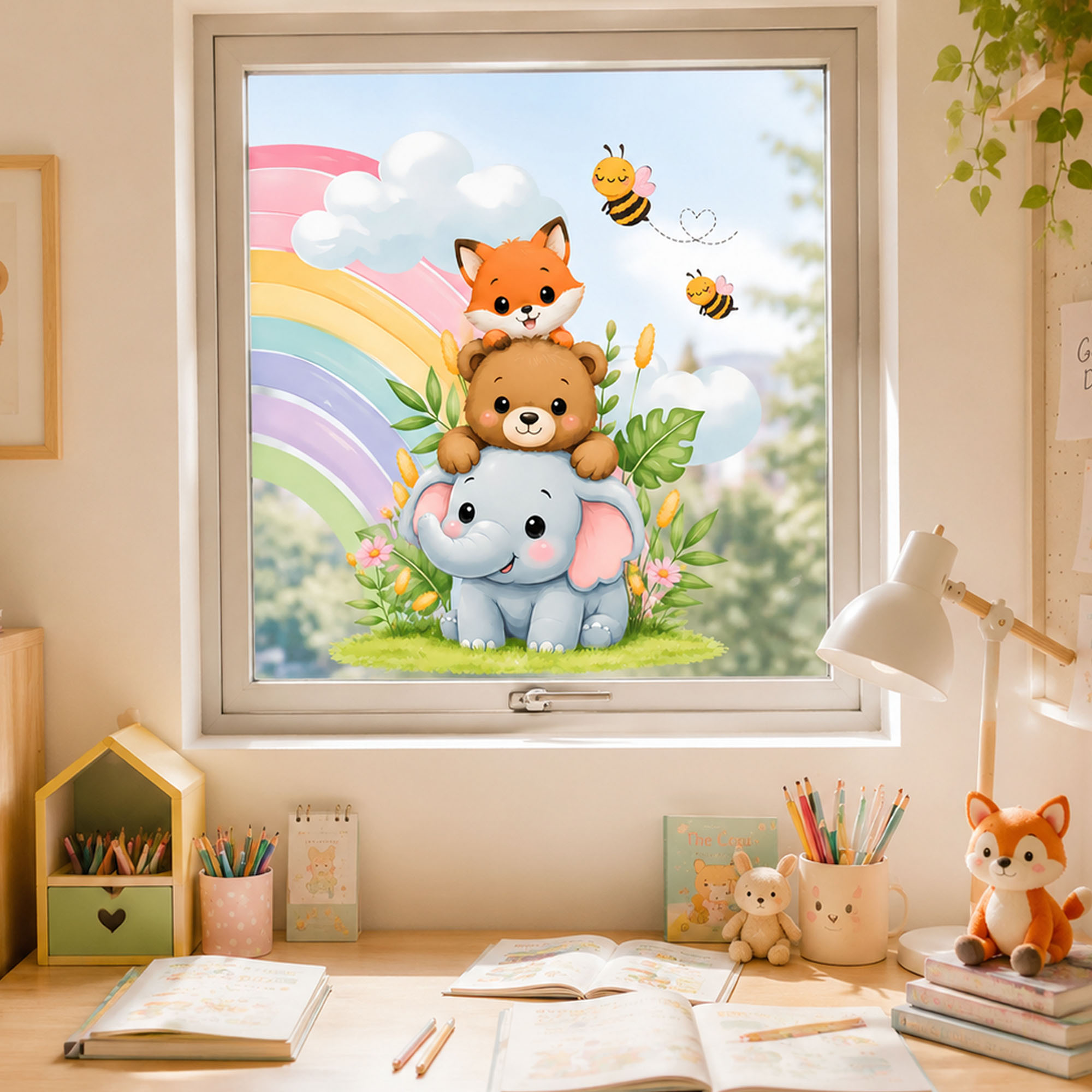 かわいい象、クマ、キツネのウィンドウフィルム、積み重ね可能な - Baby Nursery Wall Stickers のレビューと価格