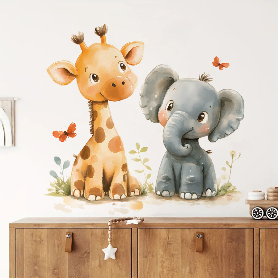 かわいいキリンとゾウのウォールデカール防水取り外し可能な漫画 - Baby Nursery Wall Stickers のレビューと価格
