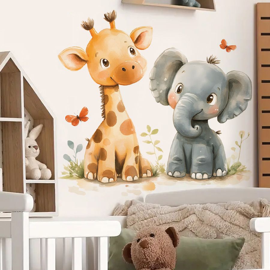 かわいいキリンとゾウのウォールデカール防水取り外し可能な漫画 - Baby Nursery Wall Stickers のレビューと価格